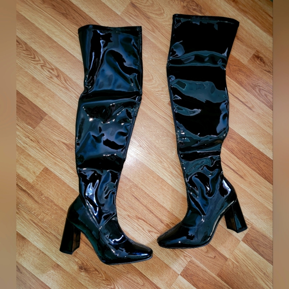 BRASH |  Thigh High Heeled Black Shiny Zip Up Womens Boots ‼️ Various Sizes ‼️